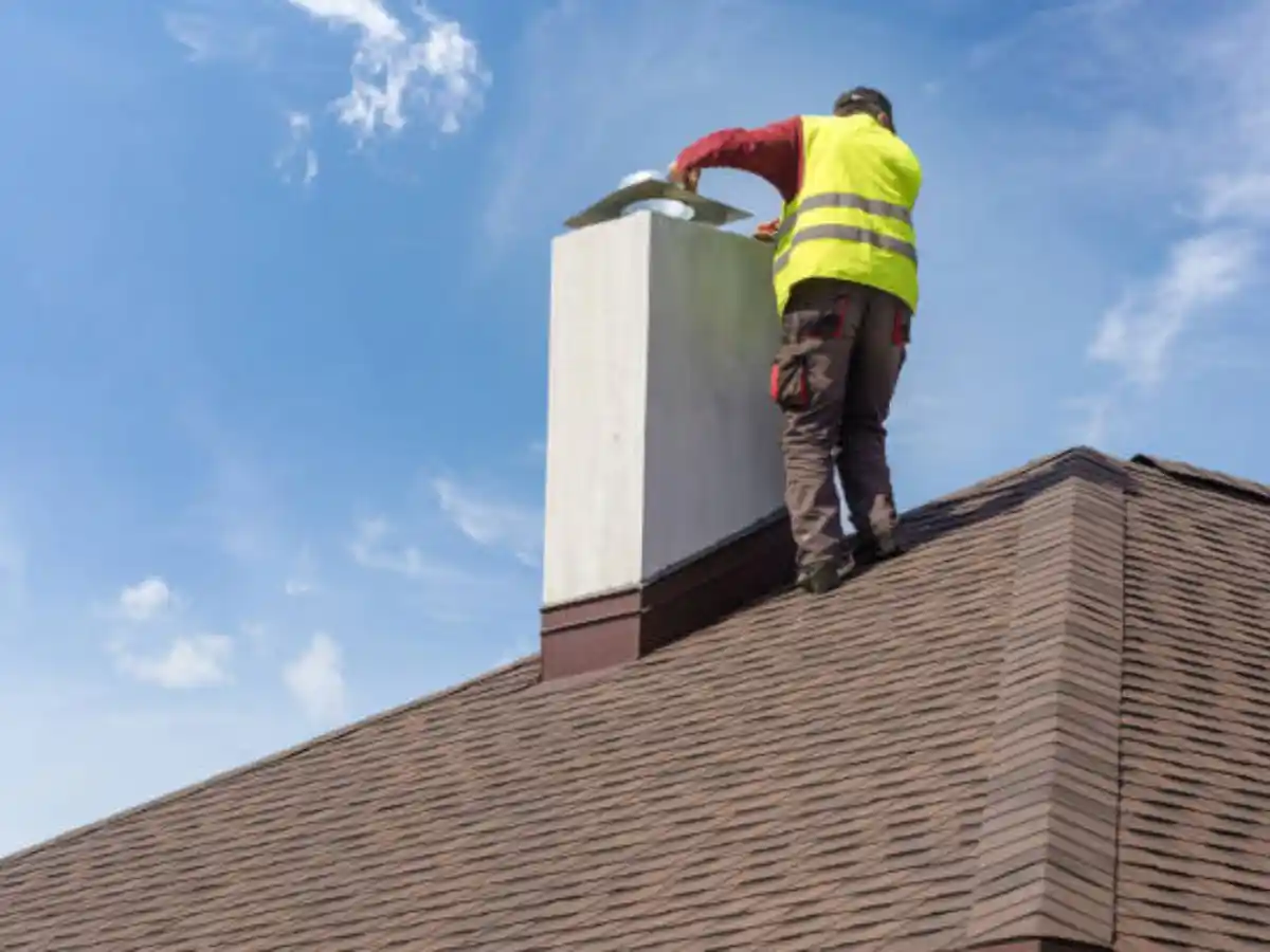 Technician sweeping a rooftop chimney